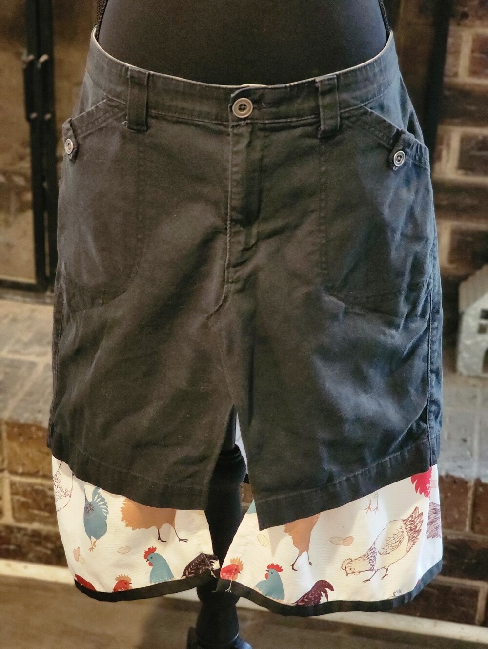 Black Skirt with Colorful Printed Chicken Hem,Unique Casual Farm Style